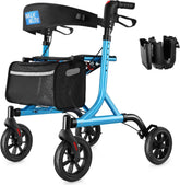 WALK MATE Rollator Walker for Seniors with Cup Holder, Upgraded Thumb Press Button for Height Adjustment, 4 x 8" Wheels Walker with Seat Padded Backrest Folding Lightweight Walking Aid, Blue